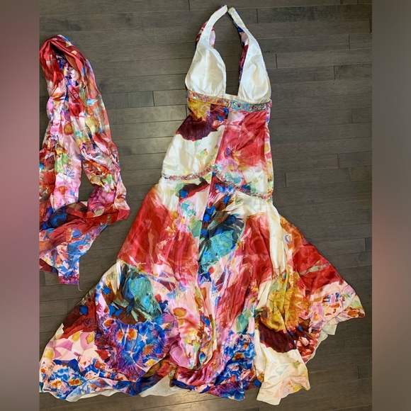 Jovani 100% Silk Multicolour Prom Halter Dress w/ Scarf Size 2 - Picture 12 of 16
